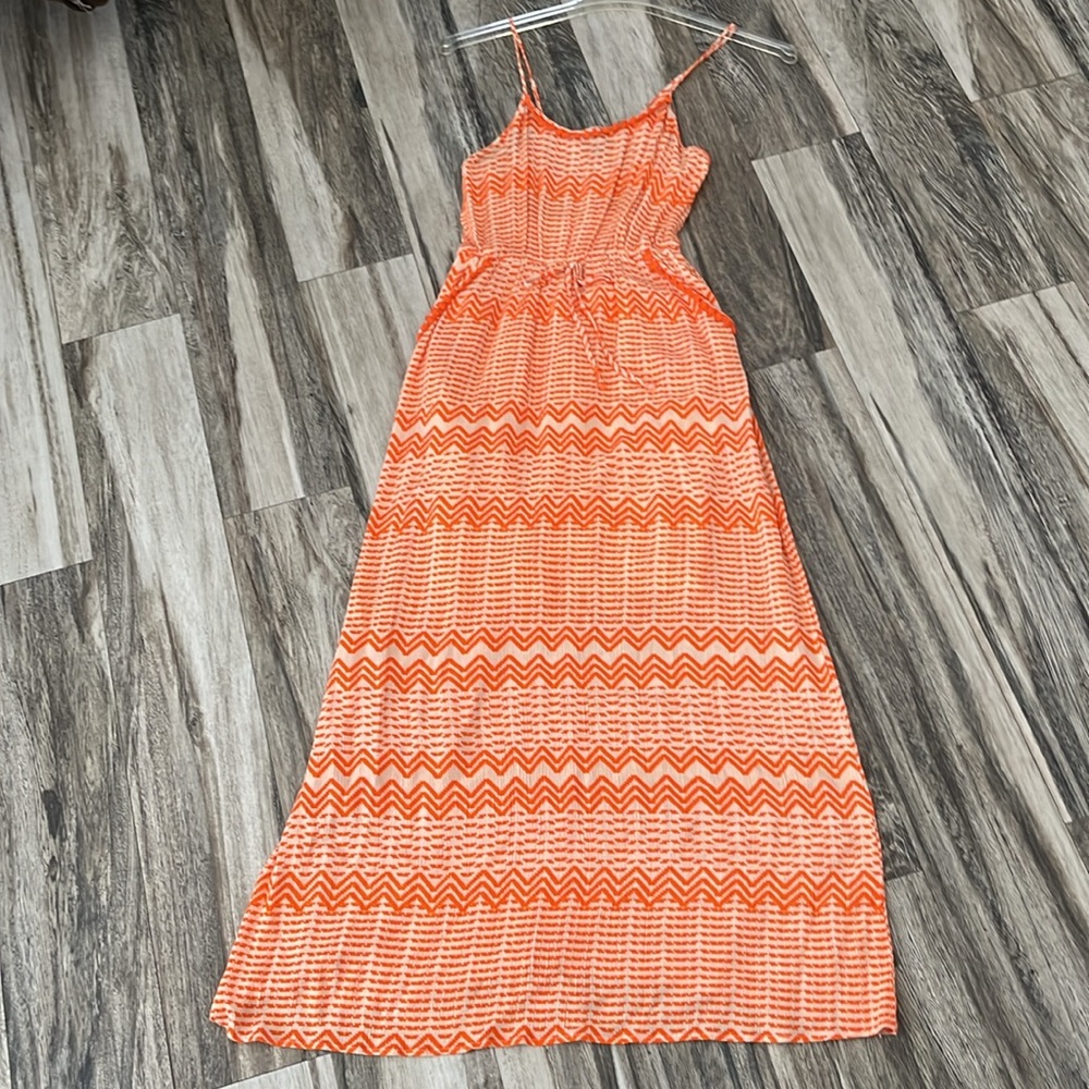 🍊CUTE ORANGE & CREAM MAXI DRESS W/ADJUSTABLE STRAPS & POCKETS BUILT IN HALF SLIP